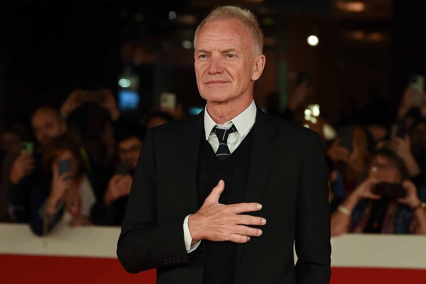 Sting wears a black tuxedo on a red carpet.