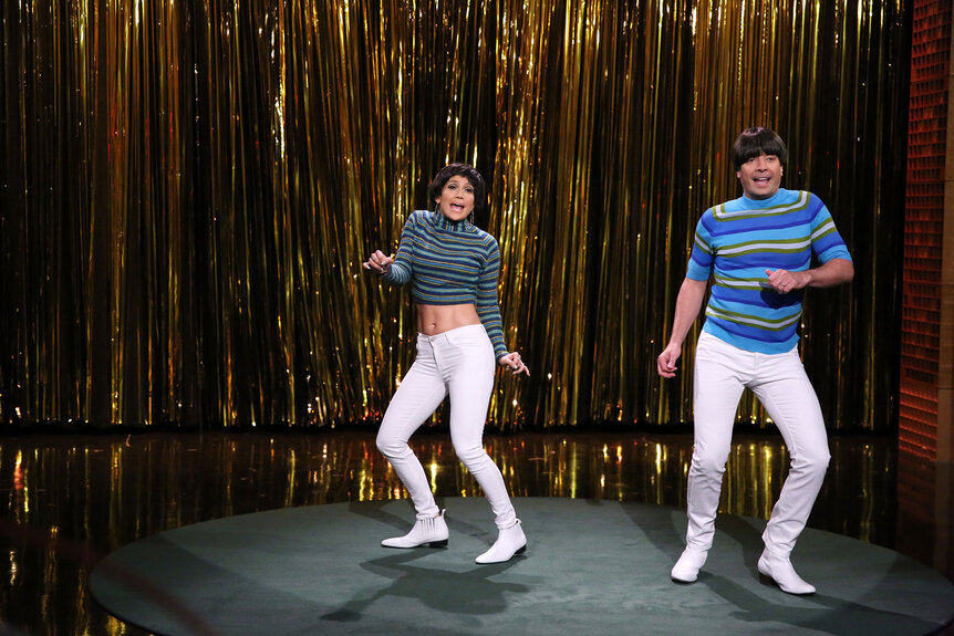 Jennifer Lopez and host Jimmy Fallon during the "Tight Pants" skit on The Tonight Show Starring Jimmy Fallon Episode 71 on June 9, 2014.