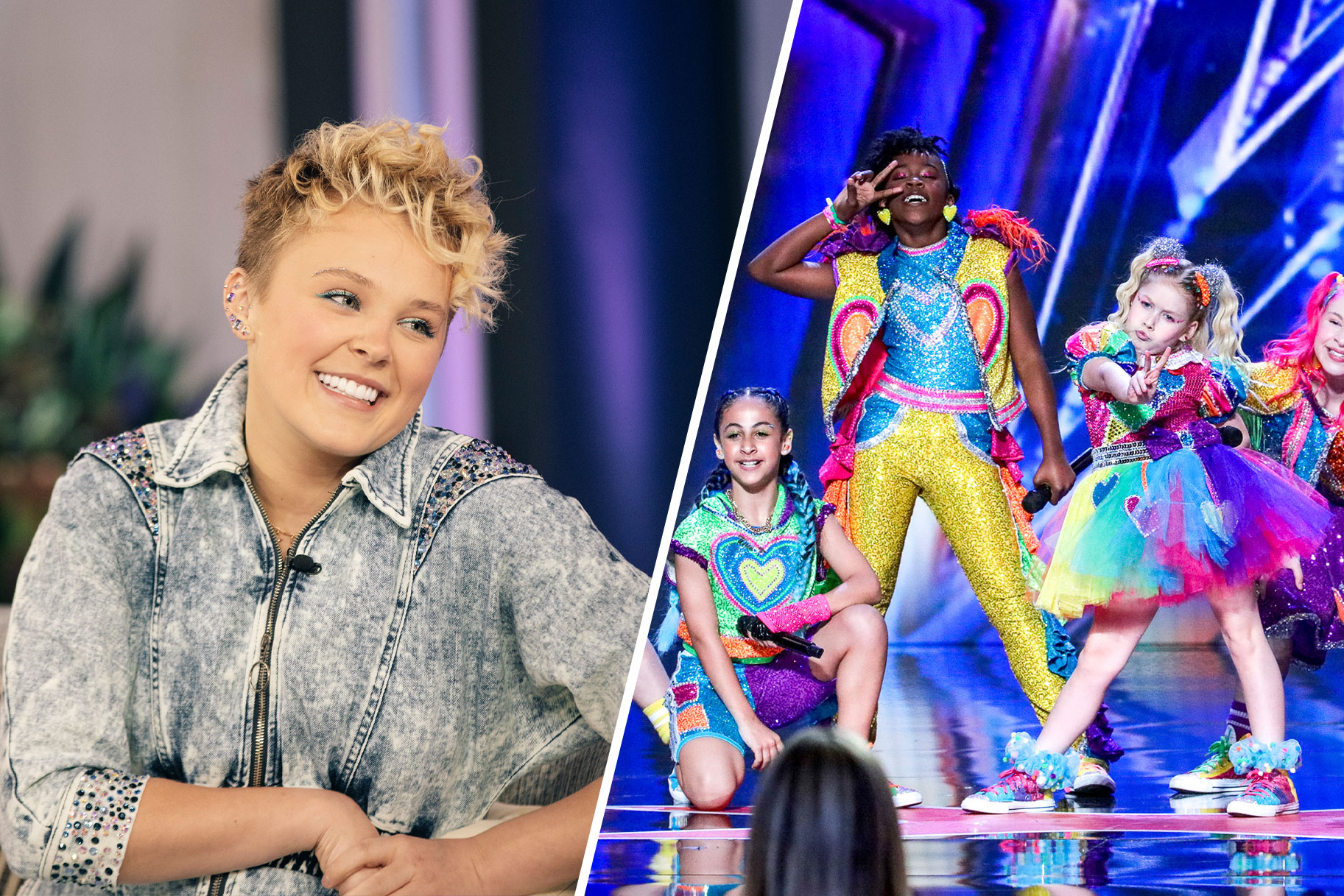 Split image of Jojo Siwa on the left and pop group 'Xomg Pop' performing onstageon the right
