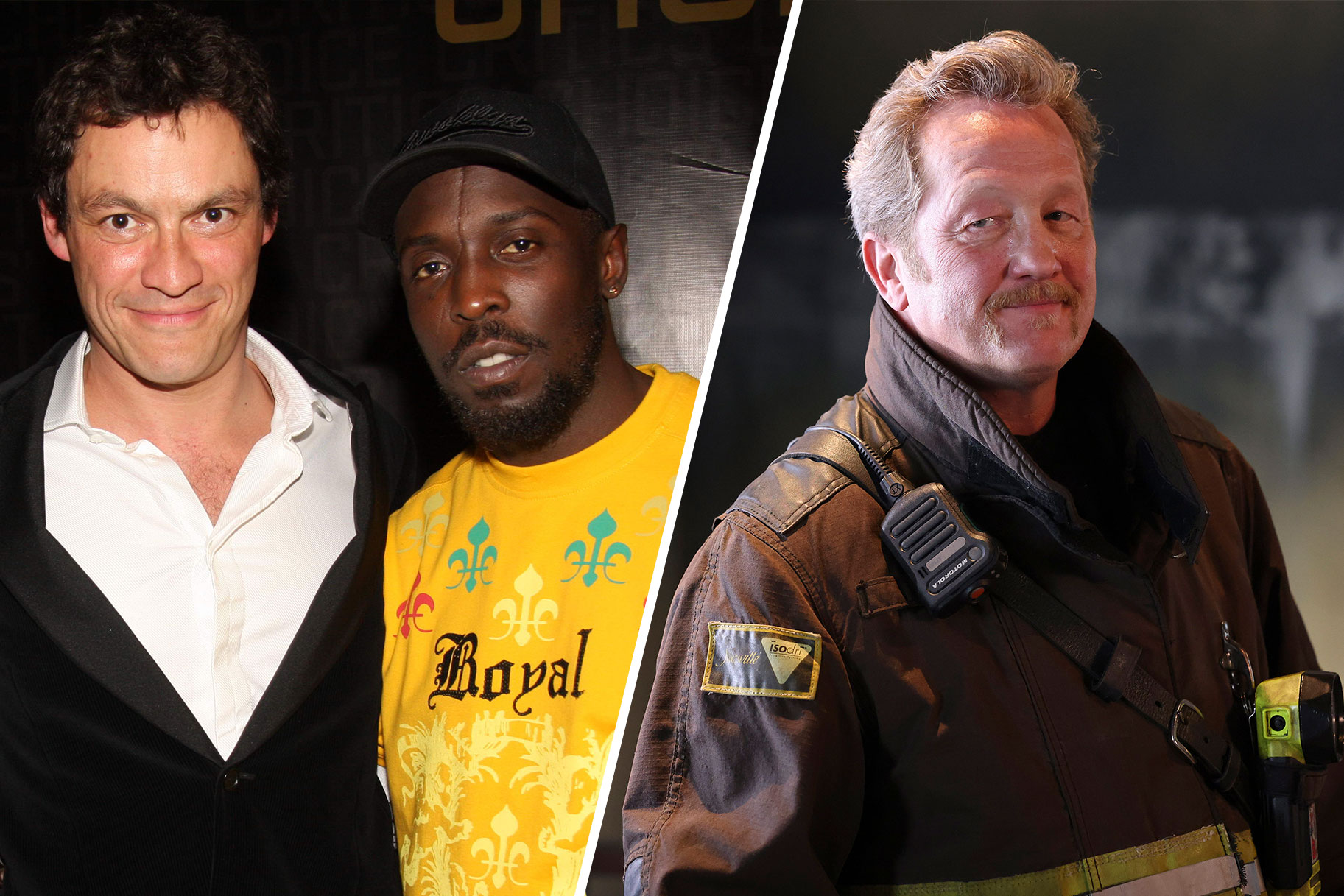 Split Image: Dominic West and Michael K. Williams on the left, Christian Stolte as Mouch on the right