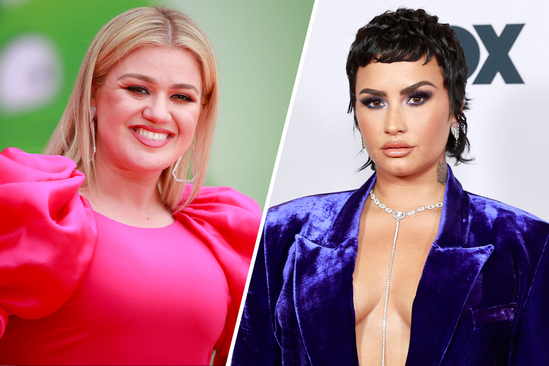 Split image of Kelly Clarkson and Demi Lovato
