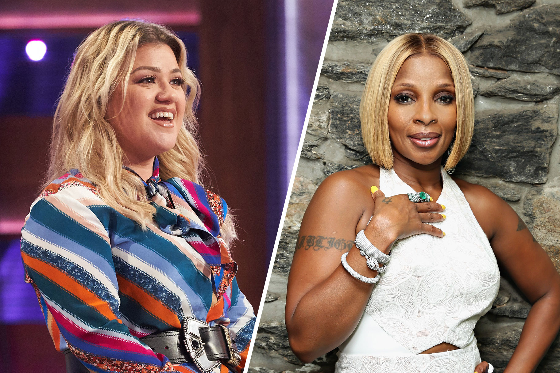 Split image of Kelly Clarkson and Mary J. Blige