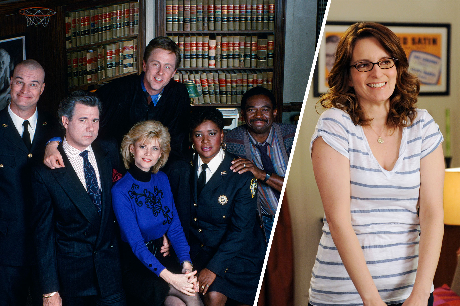 Split image of the original Night Court cast and Tina Fey in 30 Rock