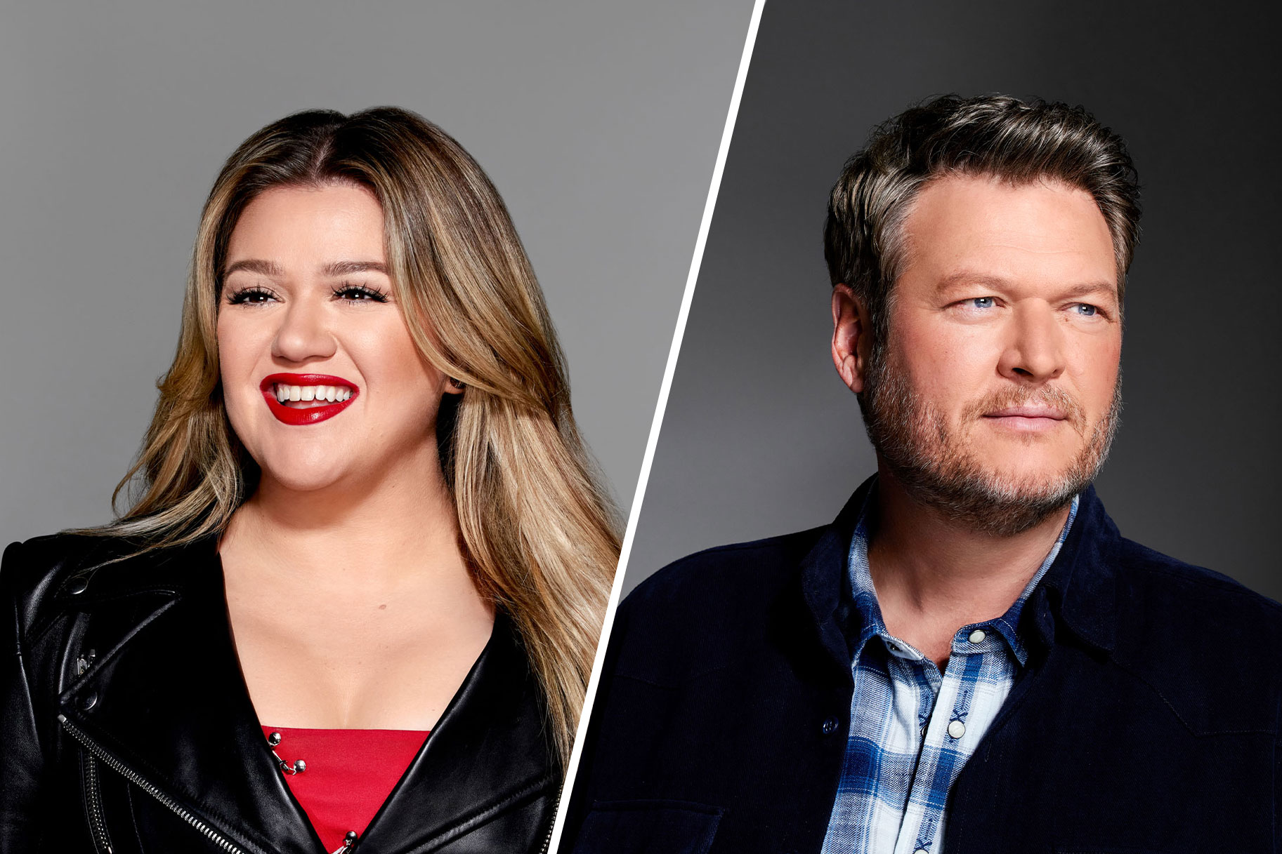 Split image of The Voice's Kelly Clarkson and Blake Shelton