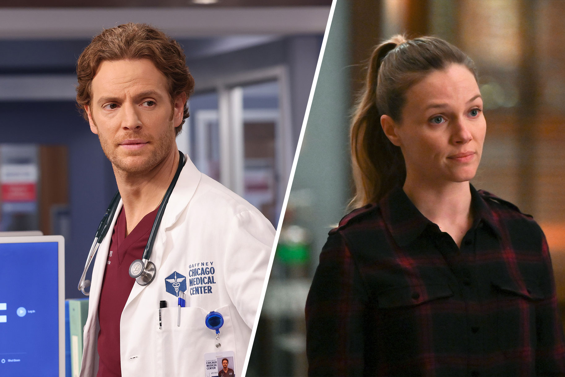 Split image of Nick Gehlfuss as Will Halstead and Tracy Spiridakos as Hailey Upton