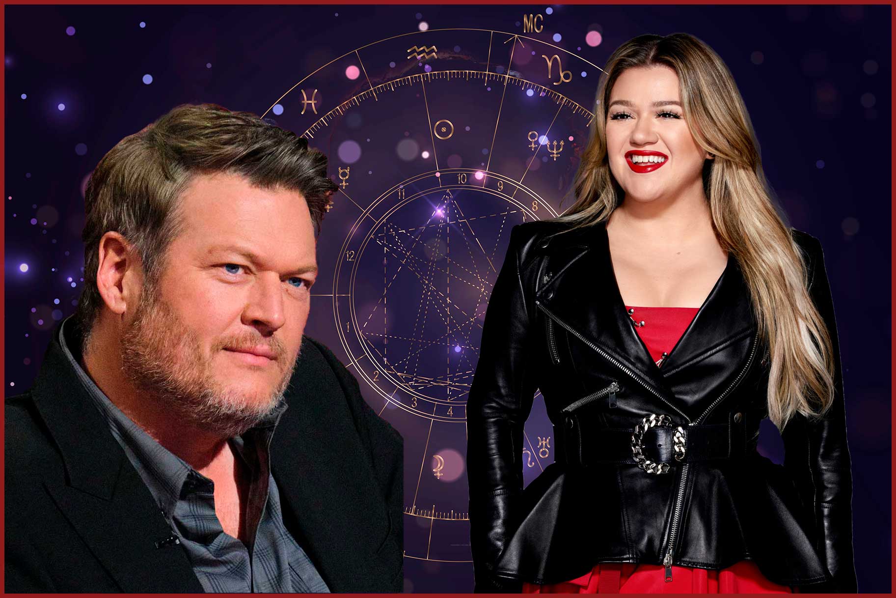 Cut out images of Blake Shelton and Kelly Clarkson against a natal chart.