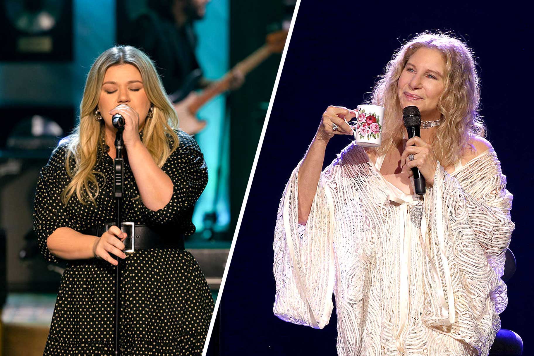 Split image of Kelly Clarkson and Barbara Streisand performing.