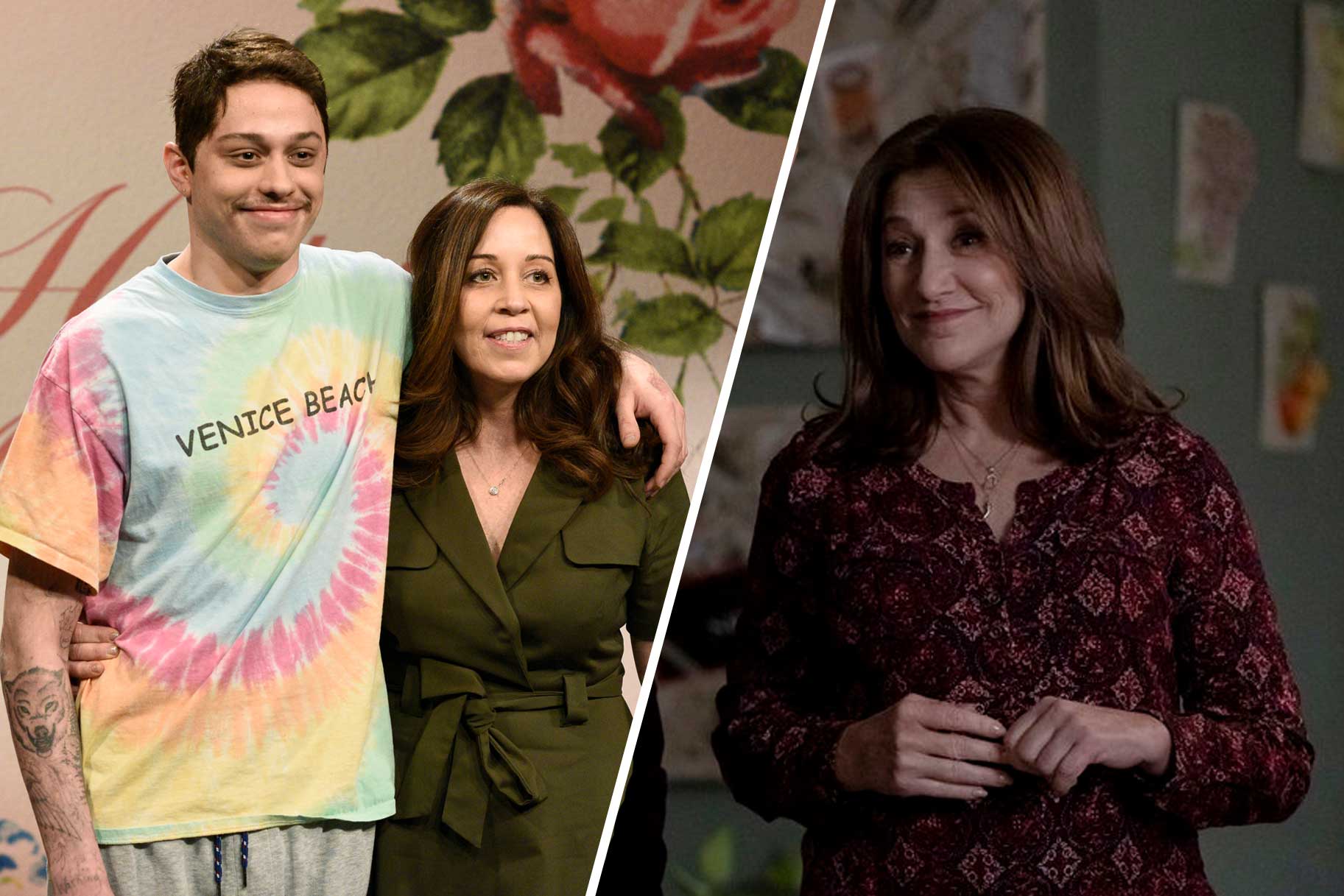 Split image of Pete Davidson with his mother and Edie Falco.