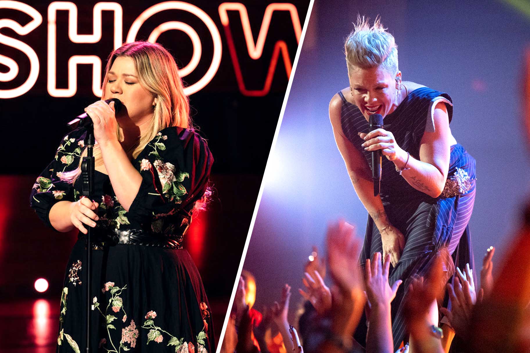 Split image of Kelly Clarkson and Pink performing.