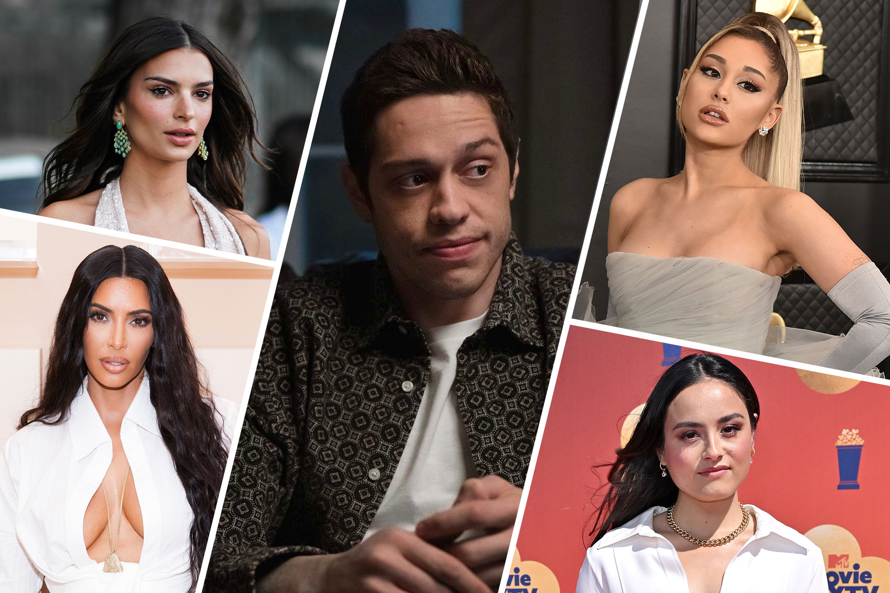 A collage image of Pete Davidson, Emily Ratajkowski, Kim Kardashian, Ariana Grande, and Chase Sui Wonders