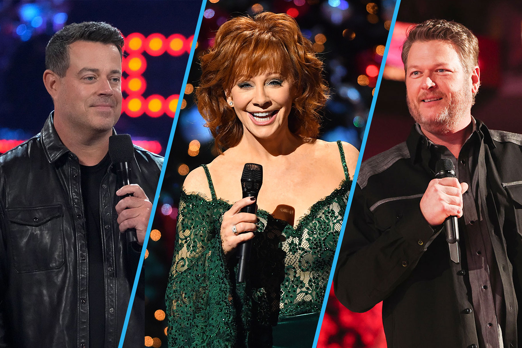 Spilt image of Carson Daly, Reba McEntire and Blake Shelton