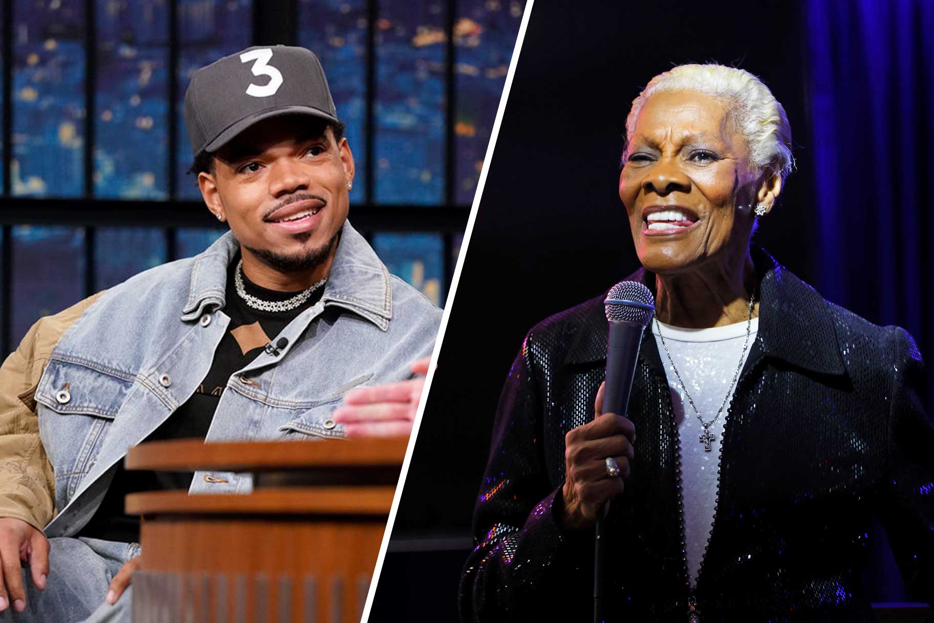 Split image of Chance the Rapper and Dionne Warwick.