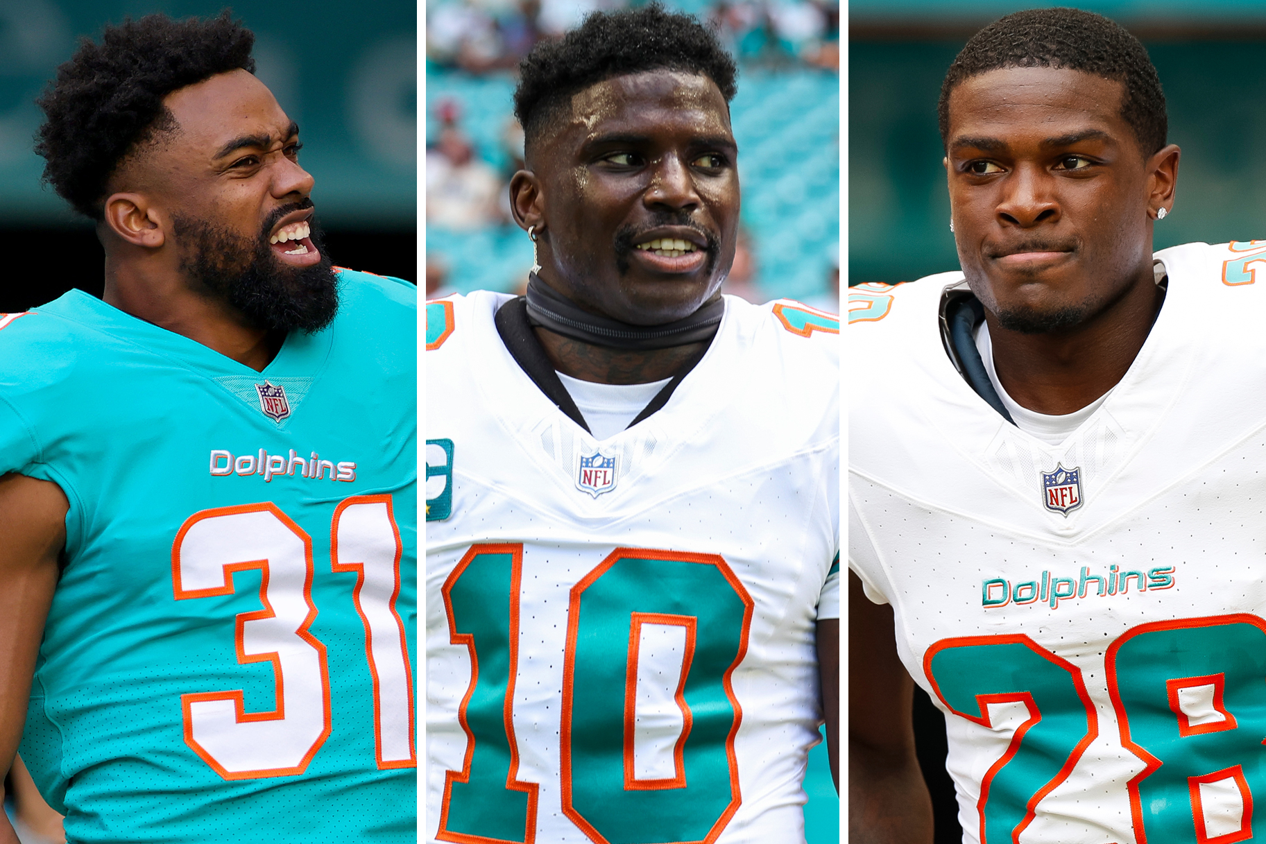 Miami Dolphins players Raheem Mostert, Tyreek Hill and De'Von Achane
