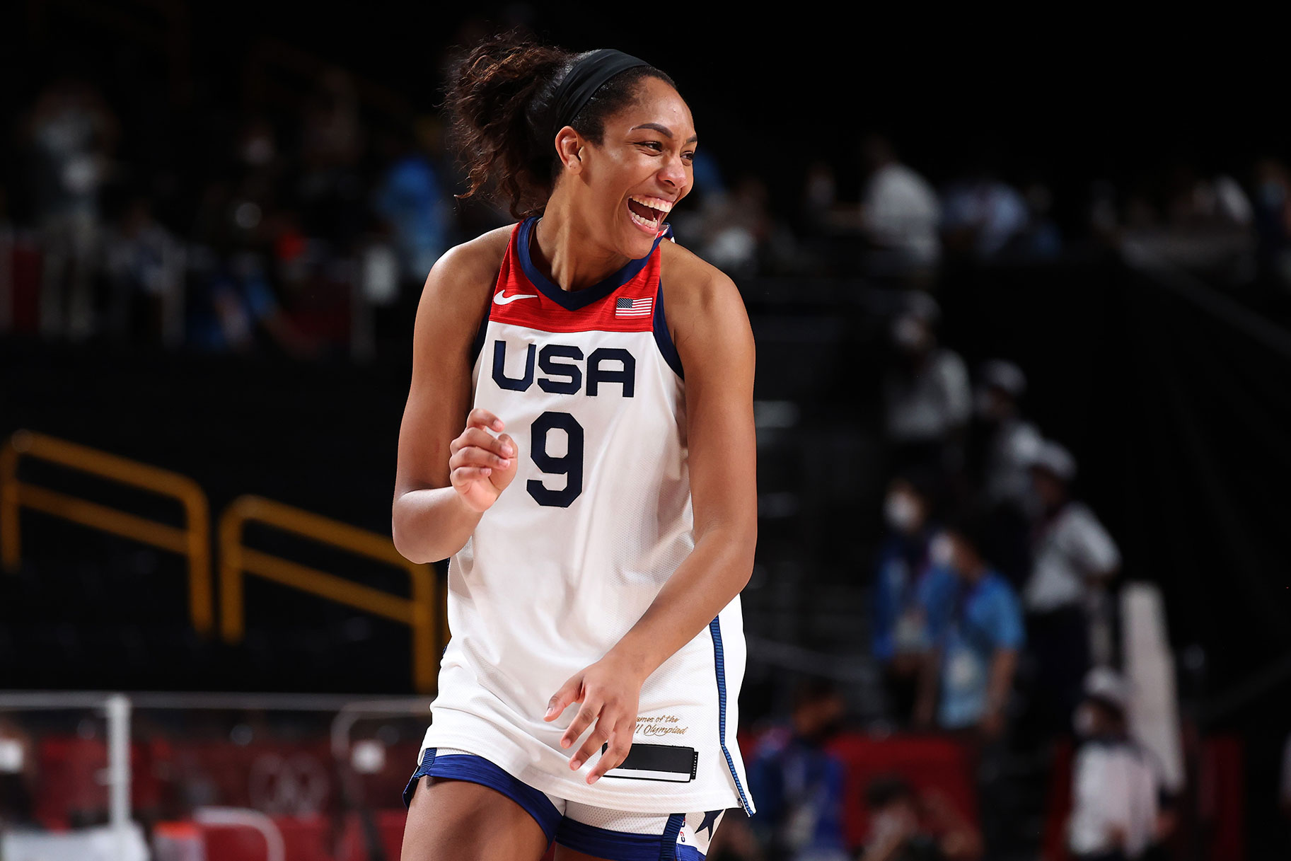 A'Ja Wilson celebrates a win over Japan in the Women's Basketball final game on day sixteen of the 2020 Tokyo Olympic games