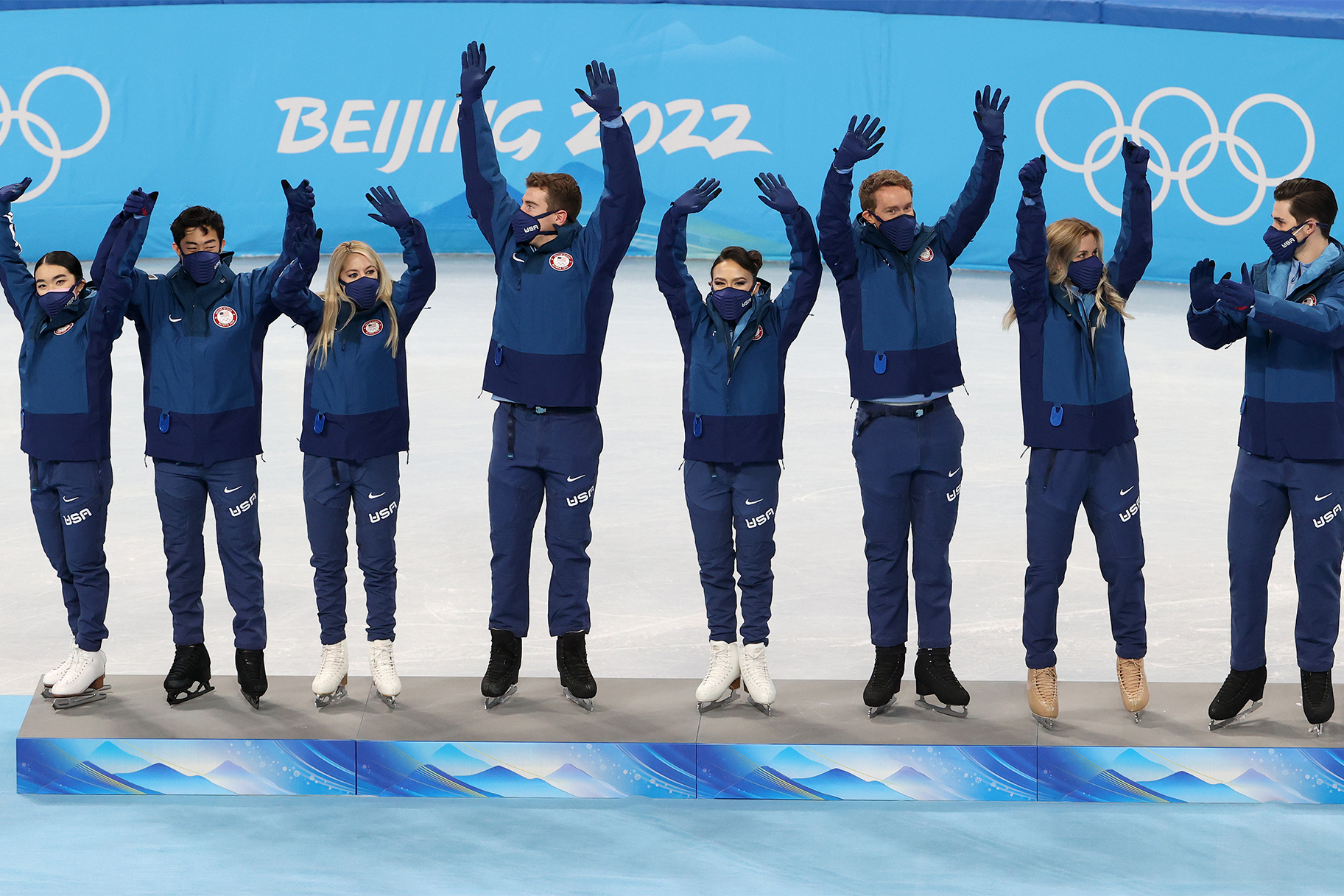 Team Usa during the medal ceremony for Ice Skating at the Beijing 2022 Winter Olympic Games