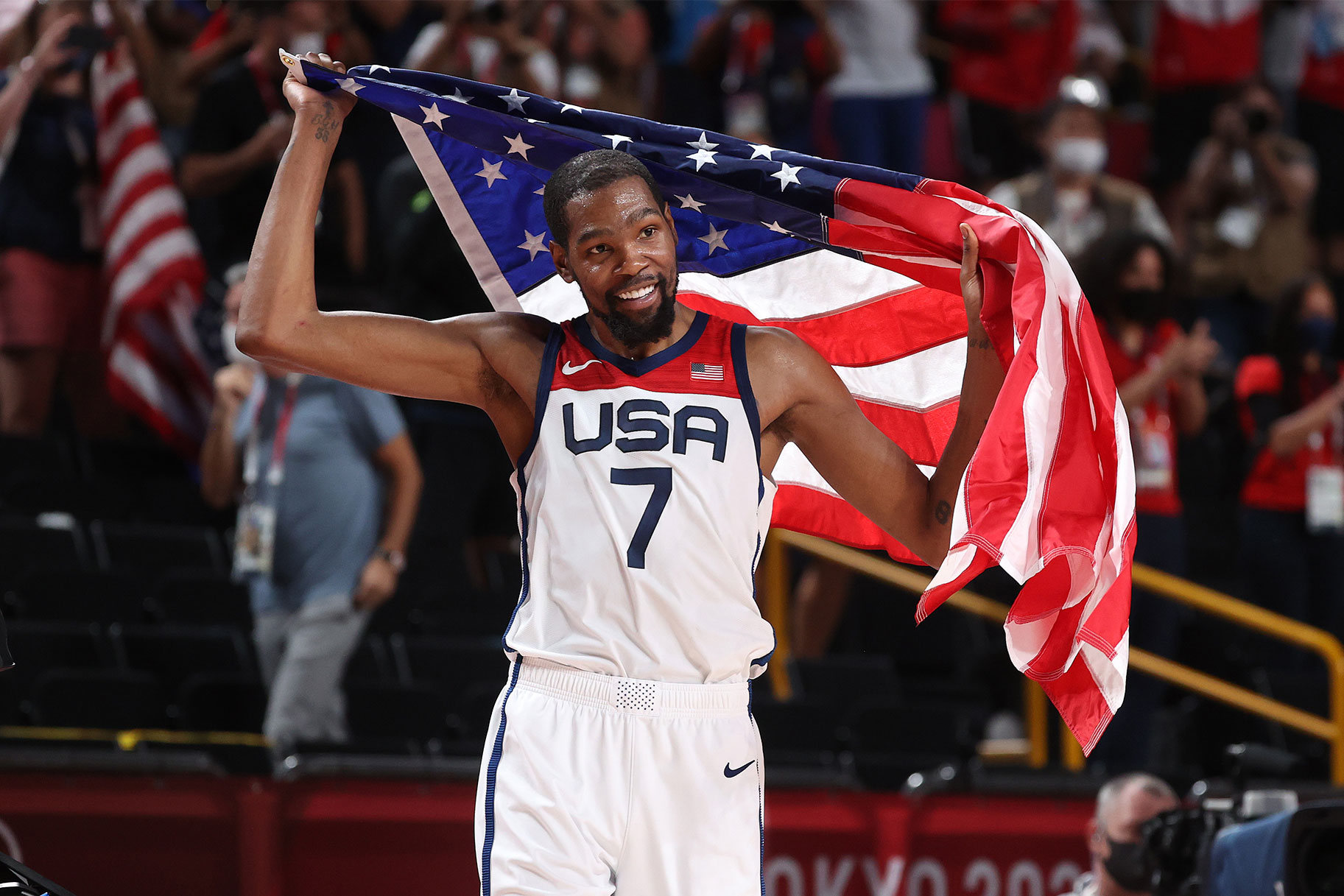 Kevin Durant of Team United States celebrates the United States' victory over France in the Men's Basketball Finals game on day fifteen of the Tokyo 2020 Olympic Games
