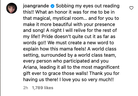 Joan Grande's comment on Ariana Grande's Instagram