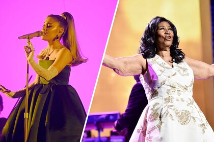 Split image of Ariana Grande and Aretha Franklin performing.