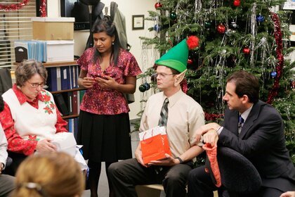 Actors Phyllis Smith, Mindy Kaling, Rainn Wilson, and Steve Carell during a scene from The Office.