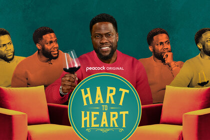 Kevin Hart holds up a wine glass full of red in the Key Art for Hart to Heart