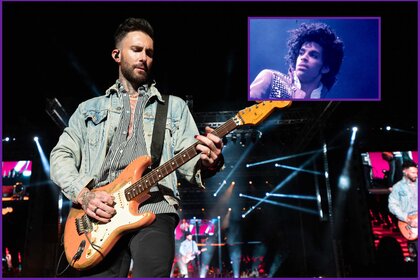 Images of Adam Levine playing guitar and Prince.