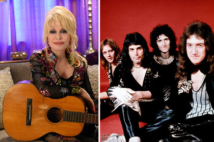 A split image of Dolly Parton and the band Queen