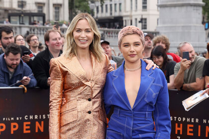 Emily Blunt and Florence Pugh attend a photocall for "Oppenheimer" at Trafalgar Square on July 12, 2023