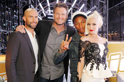 The Voice's Adam Levine, Blake Shelton, Pharrell and Gwen Stefani