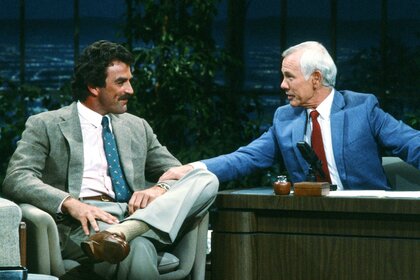 Tom Selleck during an interview with Johnny Carson on The Tonight Show.