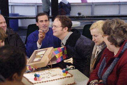 Michael Scott, Dwight Schrute, and Angela Martin in a scene from The Office.