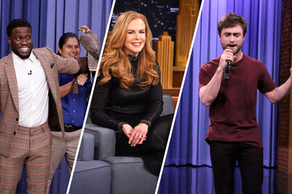 Split image of Kevin Hart, Nicole Kidman, and Daniel Radcliffe on The Tonight Show