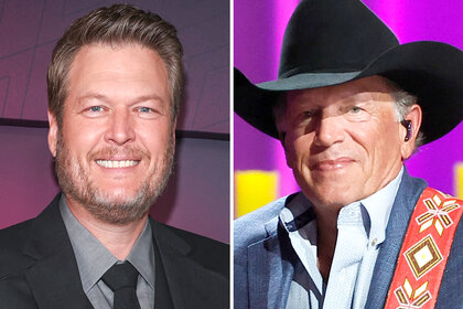 (l-r) Blake Shelton smiles wearing a suit and George Strait smiles wearing a black cowboy hat