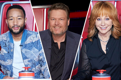 (l-r) John Legend, Blake Shelton and Reba McEntire sitting in The Voice chairs
