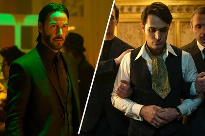 Side by side images of John Wick in a club from a scene in John Wick and Winston Scott in a scene from The Continental.