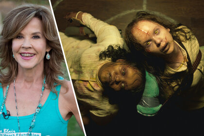 Split screen of Linda Blair smiling and a scene of two little girls from The Exorcist Believer