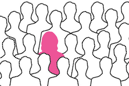 silhouettes of people outlined with a dotted line and a solid pink woman silhouette