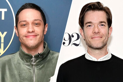 (L-R) Pete Davidson smiling in a green jacket and John Mulaney smiling wearing a black sweater