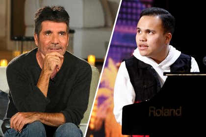 Side by side images of Simon Cowell with his fist rested on his chin and Kodi Lee sitting at a piano on America's Got Talent.