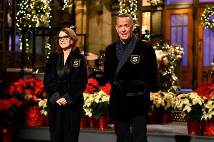 Tina Fey and Tom Hanks during the 5-Timers Cold Open on Saturday Night Live.