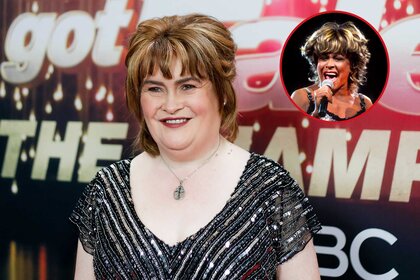 An inset of Tina Turner performing overlayed on an image of Susan Boyle on the red carpet.