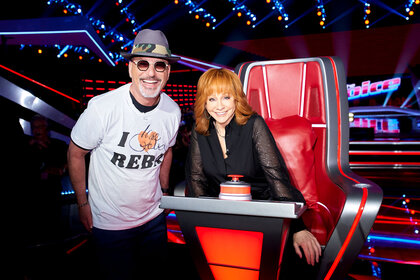 Howie Mandel and Reba Mcentire smile together during the Season 24 The Blind Auditions Part 2