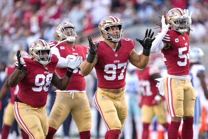 Nick Bosa of the San Francisco 49ers reacts after a sack
