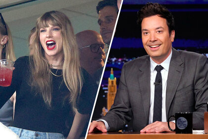 (l-r) A split of Taylor Swift at the Kansas City Chiefs football game and Jimmy Fallon on The Tonight Show