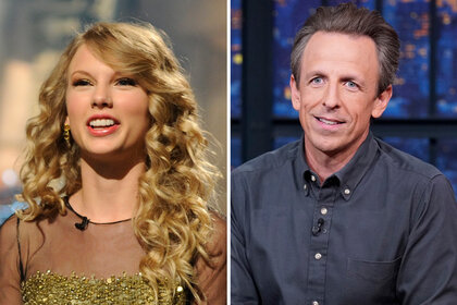 A split image of Taylor Swift on Saturday Night Live in 2009 and Seth Meyers