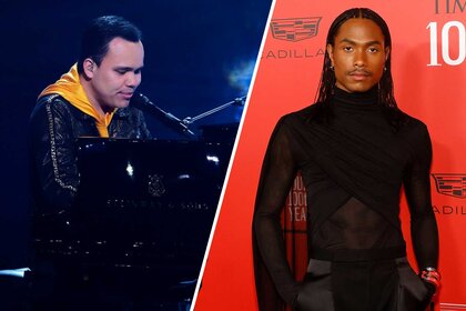 A split header of Kodi Lee playing the piano and Steve Lacy wearing an all black outfit walking the red carpet.