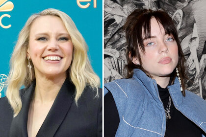 A side by side of Kate McKinnon and Billie Eilish