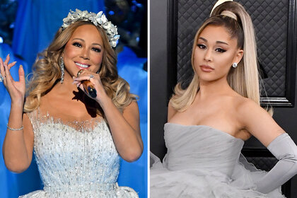 A split of Mariah Carey singing on stage and Ariana Grande on the red carpet at the grammys