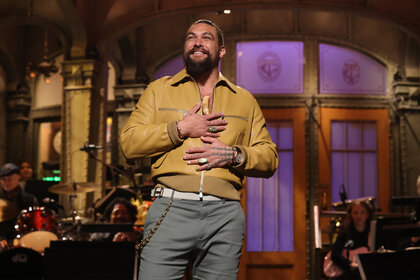 Jason Momoa on stage during his monologue on Saturday Night Live Episode 1849