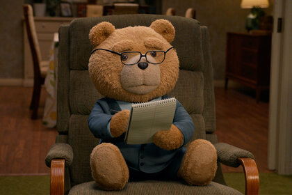 Ted sits on a chair wearing glasses on Season 1 Episode 5 of TED
