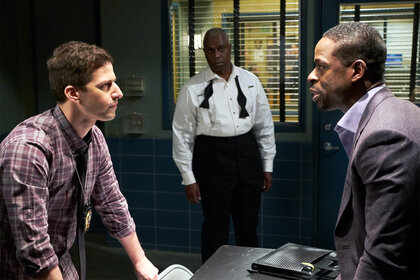 Jake Peralta, Captain Ray Holt and Philip Davidson in an interrogation room on Brooklyn nine nine
